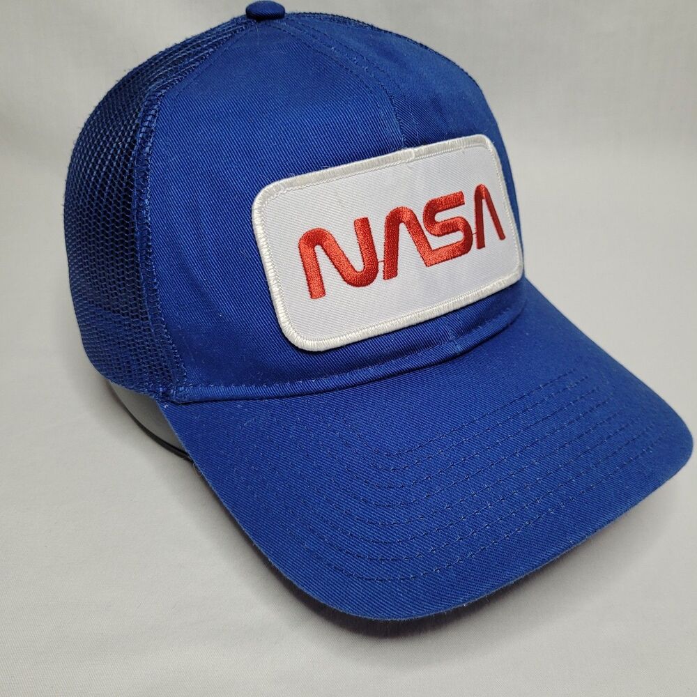 Vtg NASA Hat Red Worm Logo Patch Blue Trucker Mesh Snapback OTTO Space Age Cap